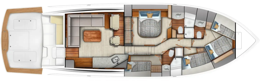 Top-down layout of a luxury motor yacht: cabins, saloon, galley, helm, and heads shown along the deck plan